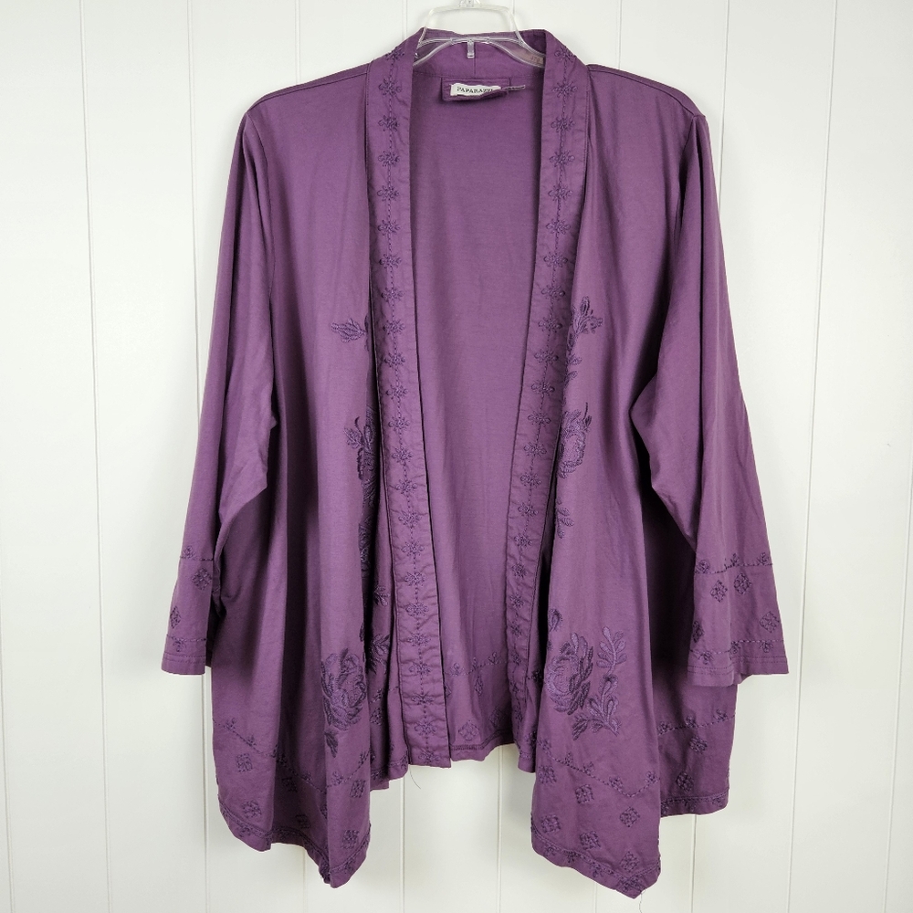 Paparazzi Cardigan Purple Embroidered Open Womens Handkerchief Hem